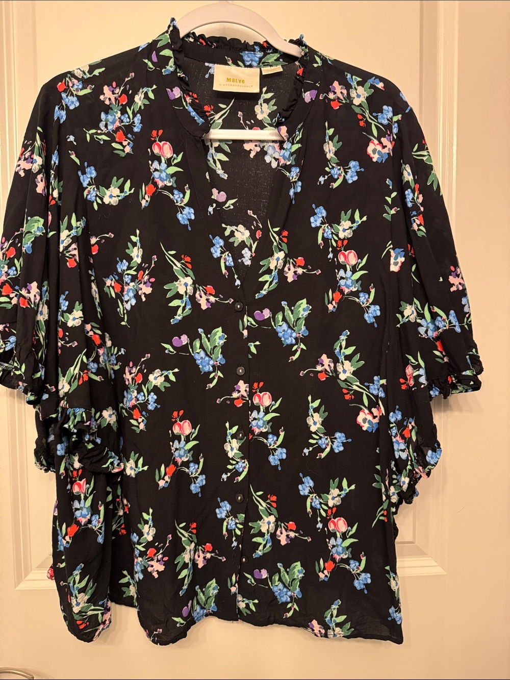 Marvel Black Floral Button-Front Blouse with Red, Blue, Green Accents